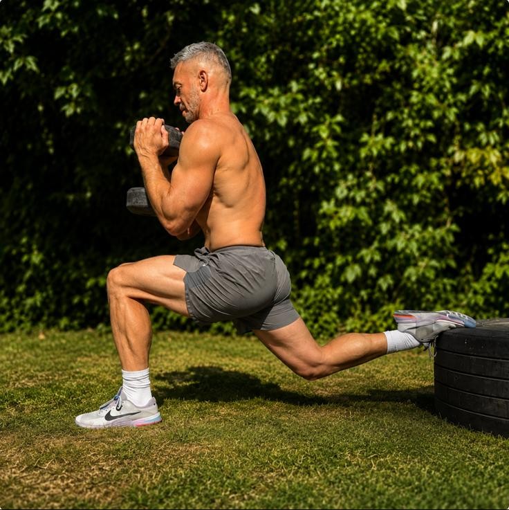 Matt Kyle performing a weighted lunge outdoors